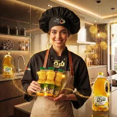 Chef Farah in black with Farah oils in the kitchen
