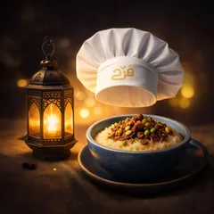 Farah chef hat above a rice dish beside a lantern
